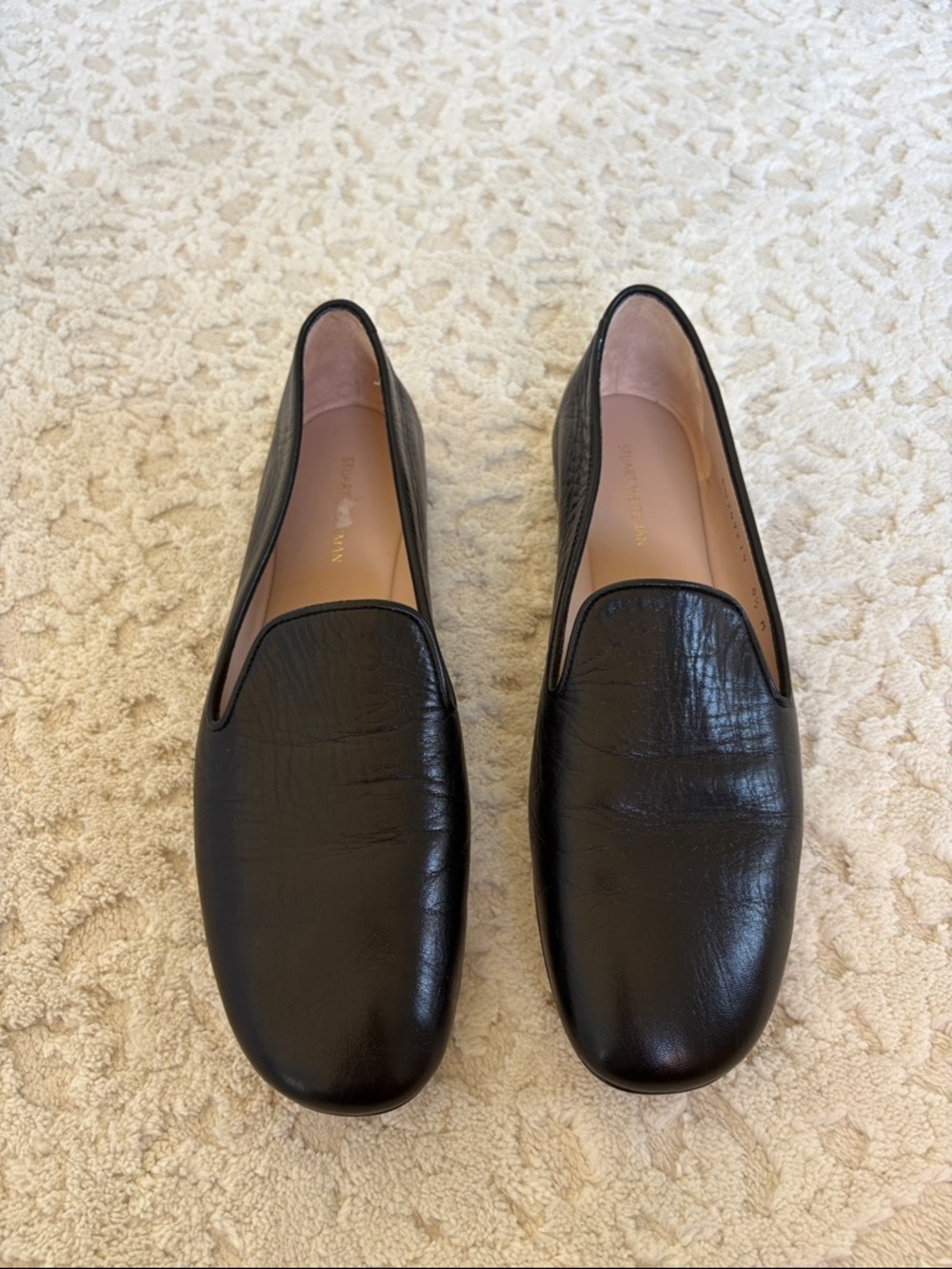 Stuart Weitzman Black Leather Slip-On Loafers